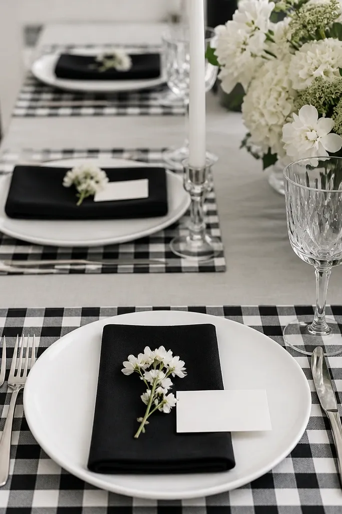 Black and white check place mats under white plates. Each place has a black napkin folded in half. On the center of each plate sits a small white flower or sprig, and a simple white place card rests beside it.