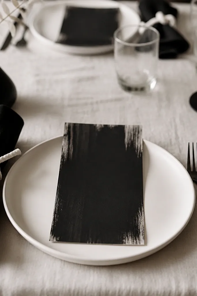 Black brushstroke-style menu cards with white text. Black napkins are tied with small white knots at the front. White plates and black cutlery keep the setting stark and clean.
