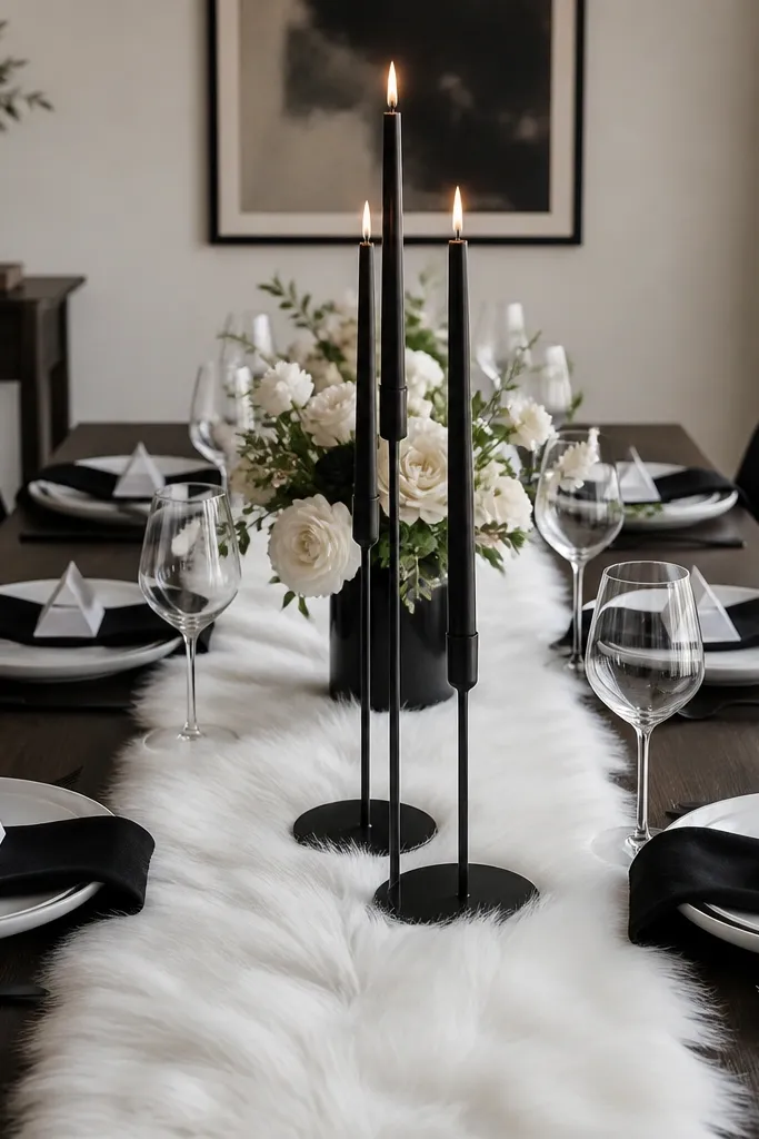 A white faux fur runner down the center of the table. Black taper candles sit on simple black bases. Place settings include white plates, black napkins, and white place cards with black text.