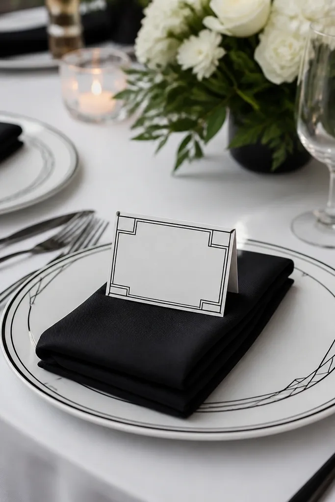 White plates with subtle black geometric rim lines. Black napkins folded and placed neatly. Place cards are white with black geometric border lines, matching the plate pattern.