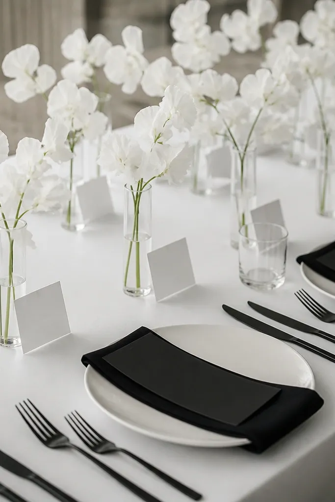 Escort cards are white cards with black names placed in small clear mini vials. Each vial has one white flower stem. The place setting includes black napkins, white plates, and a black menu card.