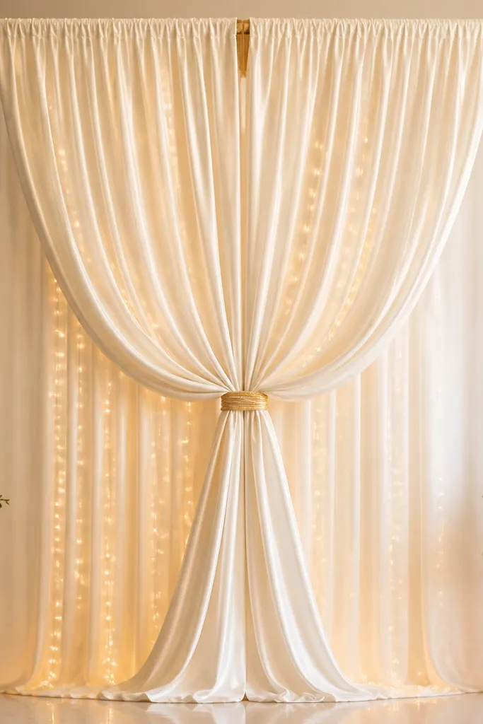 A tall wedding stage backdrop made from two large satin curtain panels in soft ivory, gathered at the top into a double-header knot. The knot is wrapped with champagne-gold ribbon, and the fabric falls in smooth vertical folds to the floor level. Warm white fairy lights are tucked behind the folds so they glow gently.
