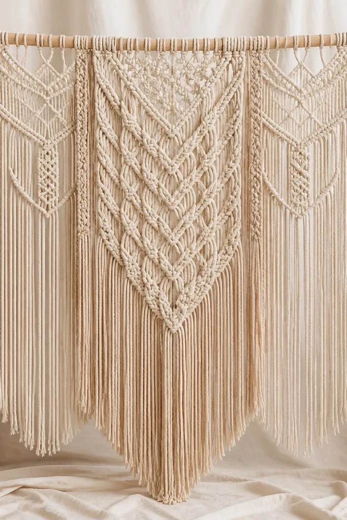 A cream and beige macrame backdrop stretched on a simple wooden dowel frame. The center has a thicker panel with a longer fringe, while the sides have lighter woven patterns. The background behind the macrame is a soft warm white fabric.