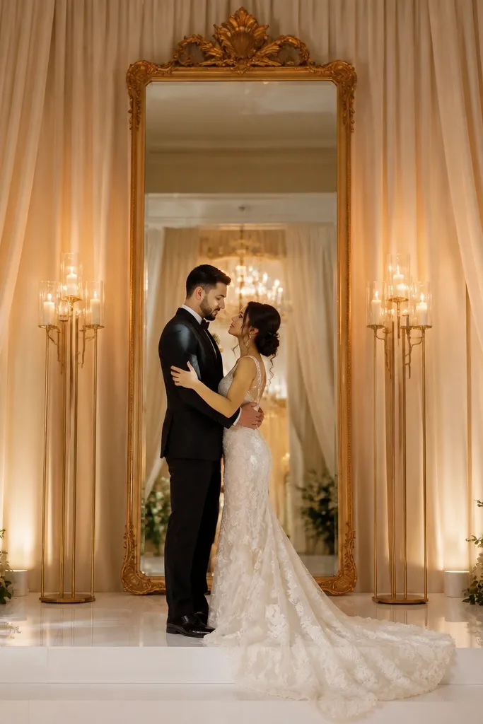 A tall gold-framed mirror centered behind the stage, reflecting the couple area. Flanking the mirror are two minimal candle sconces or candelabra stands. The background around the mirror is a soft warm beige drape, and small warm lights create a glow.