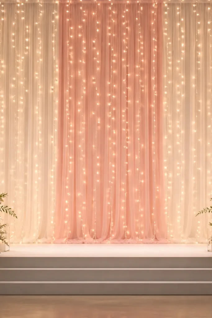A curtain of warm white twinkle lights stretches across the stage width. In the center behind the lights is a vertical panel of blush fabric, creating a soft color block. The lights appear evenly distributed, with no visible wiring in the front.