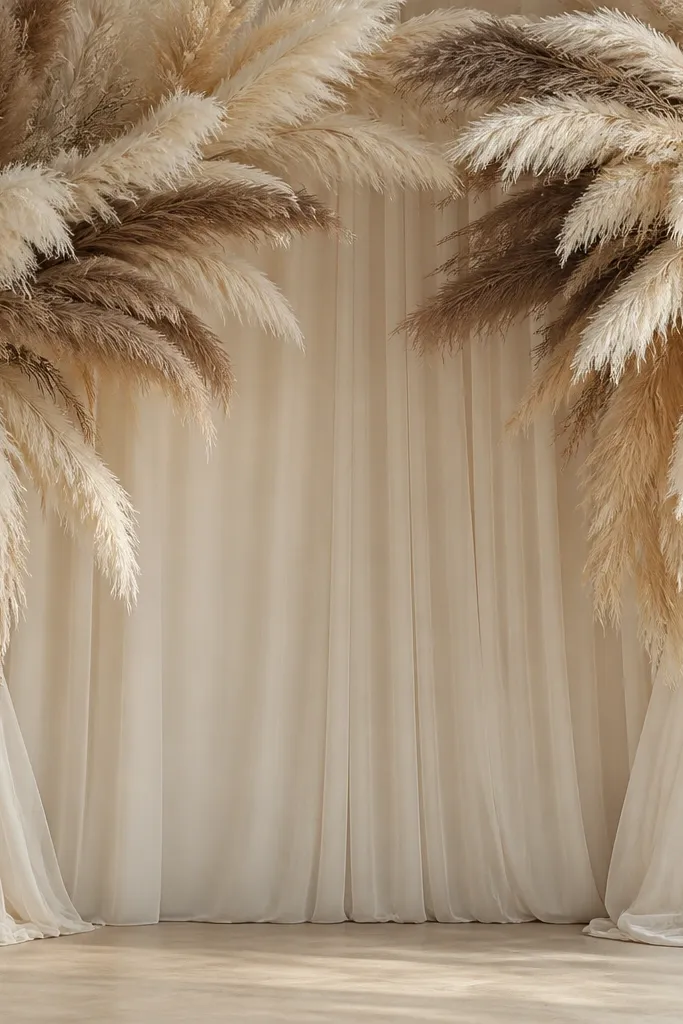 A stage backdrop with multiple pampas grass plumes in ivory and beige, arranged in cascading clusters from the top corners toward the center. The plumes look soft and feathery, with a few darker taupe stems for contrast. A neutral fabric drape sits behind the plumes.