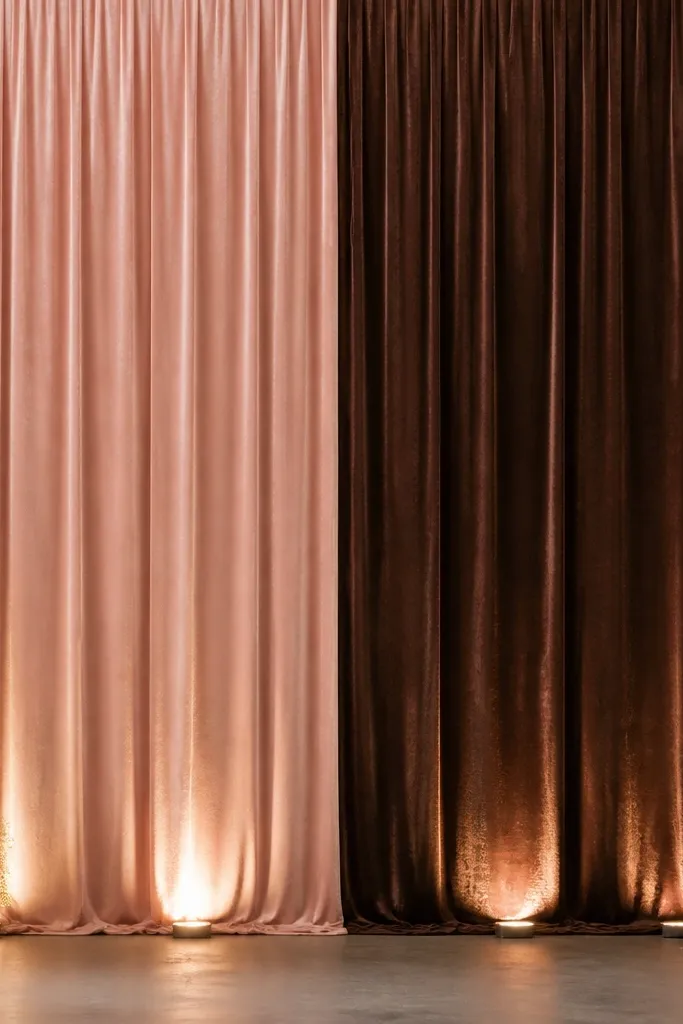 A stage backdrop split into two vertical velvet panels: blush pink on the left and deep espresso brown on the right. The panels are smooth with slight sheen, and the seam between colors sits straight down the center. Warm white uplighting hits the fabric.