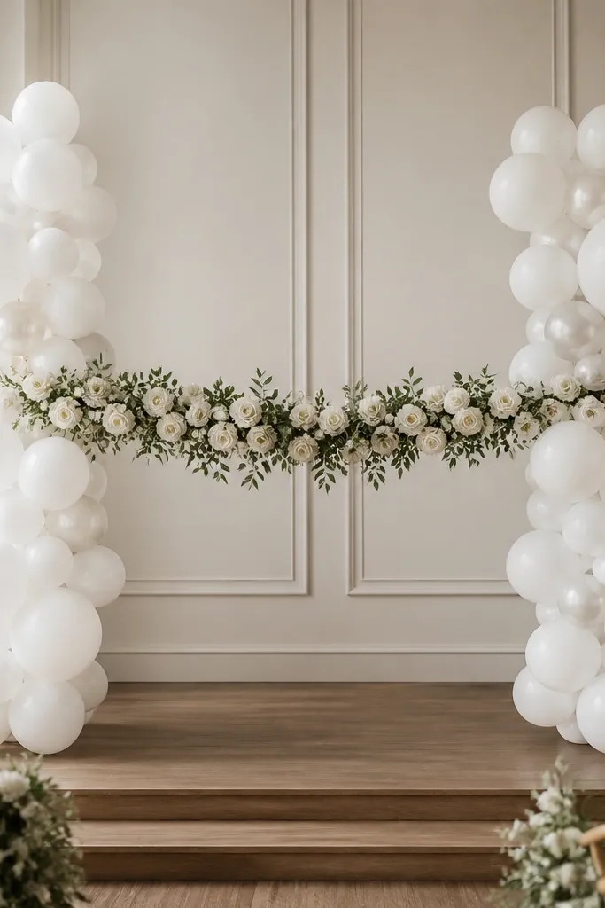 Two tall columns of white balloons on each side of the stage, with a horizontal ribbon-like floral arrangement spanning the center. The balloons are mostly matte white with a few pearl accents. The center ribbon has white flowers and green leaves, tied to the balloon columns.