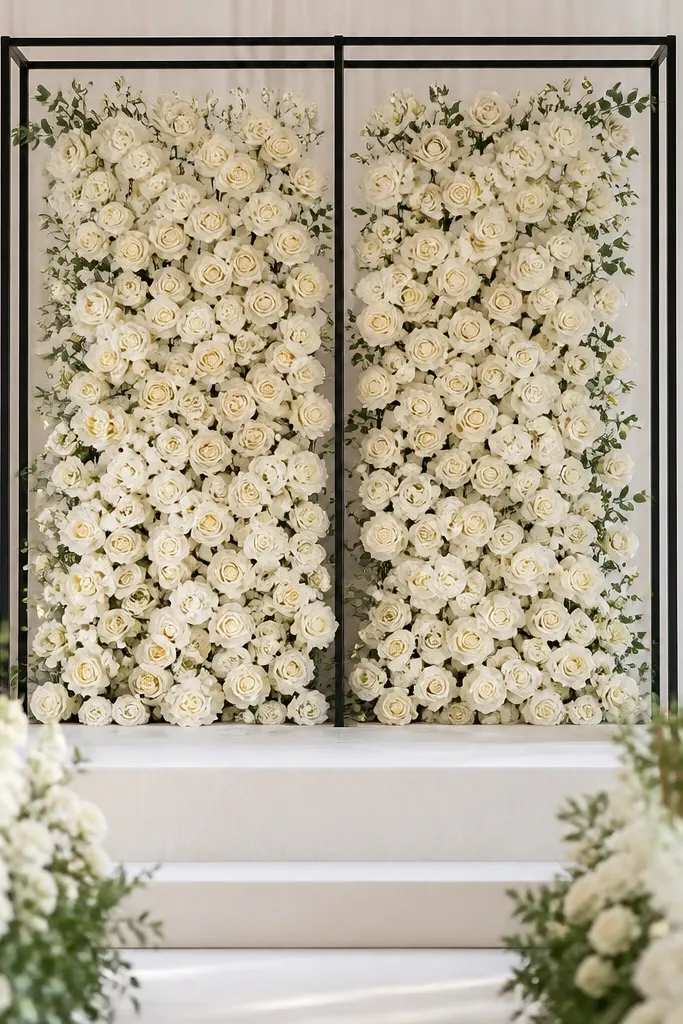 A black metal rectangular frame behind the stage, filled with two vertical panels of cream roses and lisianthus-style flowers. The flowers are arranged in a gradient: denser in the center and lighter toward the edges. Small eucalyptus leaves peek through between blooms.