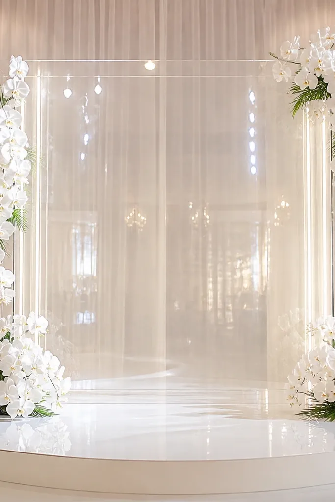 A clear acrylic or lucite panel behind the stage with a subtle sheen, lit from the sides. White orchids are arranged in clusters on the panel edges, with a few green leaves. The background reflects stage lights in soft highlights.
