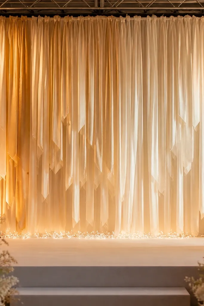 A wedding stage backdrop made from layered, tapered fabric streamers in champagne and pale gold, hanging from a top truss. Warm amber uplighting creates a soft gradient from left to right, and a thin line of white fairy lights runs along the bottom edge. The streamers sway slightly, catching light with a satin sheen.