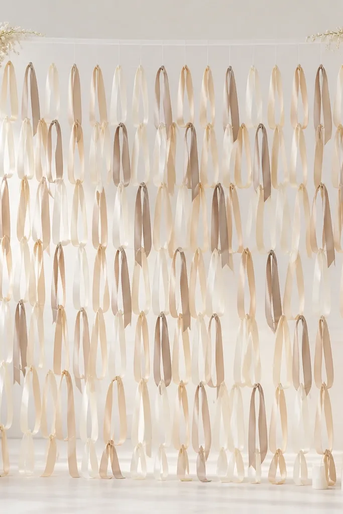 A modern stage backdrop built on a clear acrylic frame with several rows of hanging ribbon loops. The ribbons are satin in ivory, soft champagne, and muted taupe, each loop tied to a thin clear monofilament line. Small pearl bead clusters sit at the top corners, and the clear frame disappears under bright white lighting.