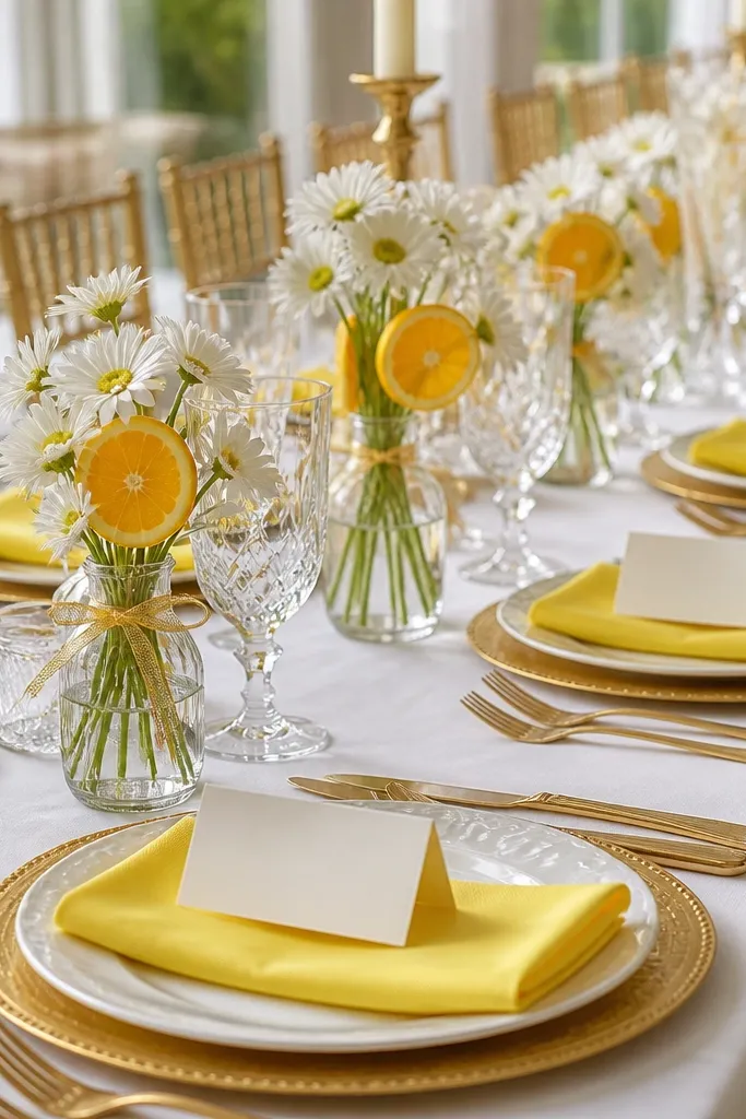 A long wedding table with crisp white linen, gold chargers, gold flatware, and folded napkins in bright lemon-yellow. Small bud vases hold white daisies mixed with orange slices tied with thin gold ribbon. Place cards are cream cardstock with black ink.