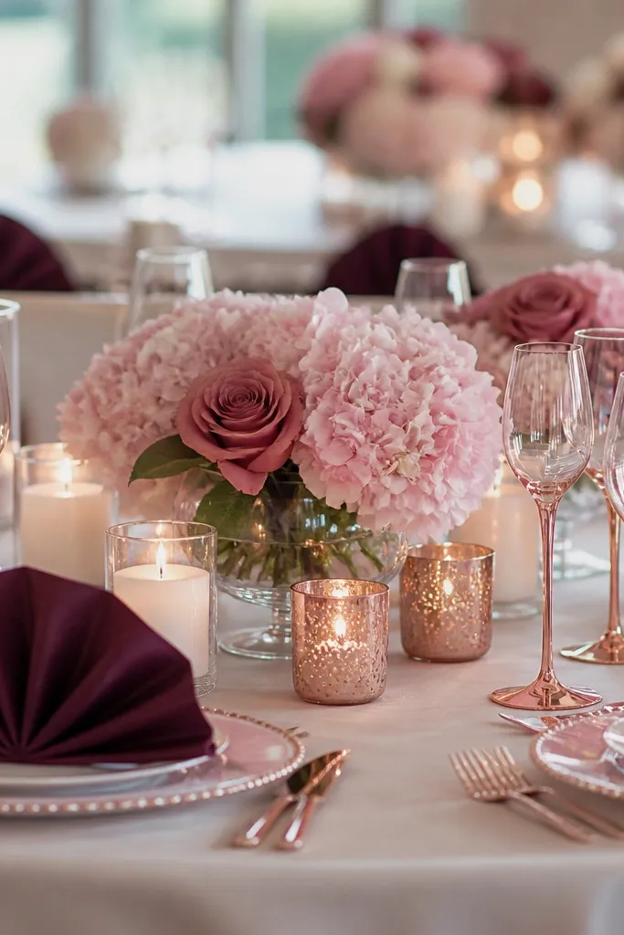 A wedding table with deep berry-purple napkins folded in a fan shape. Blush pink hydrangeas and dusty rose roses sit in low glass bowls. Rose gold votive holders glow with pillar candles, and wine glasses have rose gold stems.