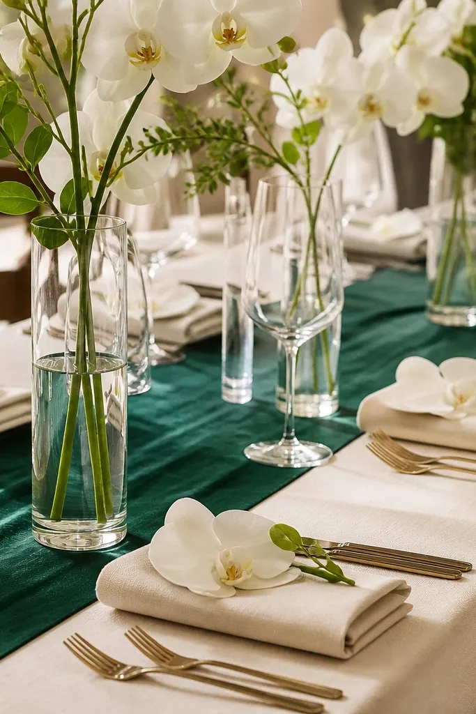 A cream tablecloth runs under a deep emerald green runner. Cream linen napkins are neatly folded with a single sprig of white orchid tucked at the top. White orchids and small greenery fill tall, narrow glass vases with clear water.