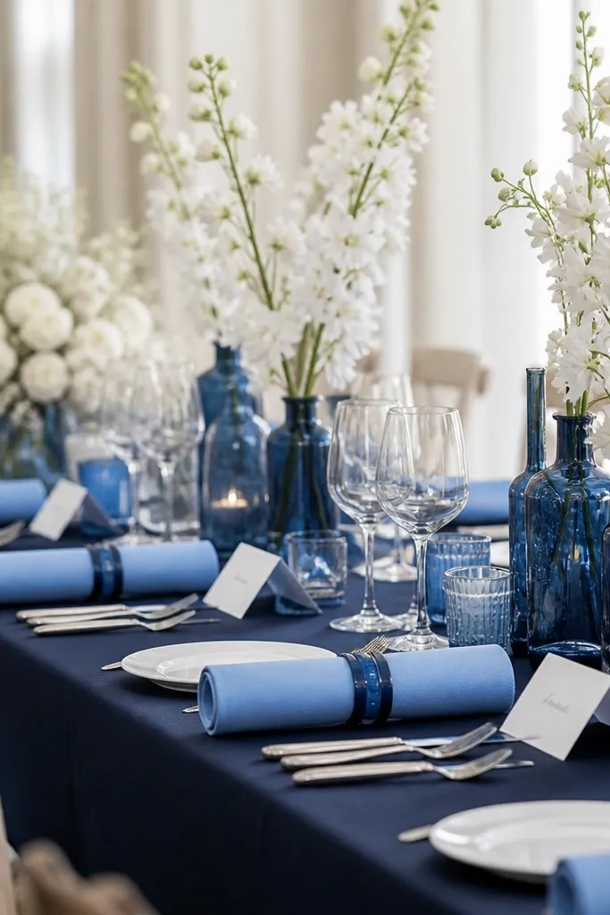 A deep navy tablecloth with cornflower-blue napkins folded into a rolled cylinder. Centerpieces use white delphinium-like flowers and blue glass bottles. Place cards are white with navy lettering, and navy napkin rings hold each napkin.