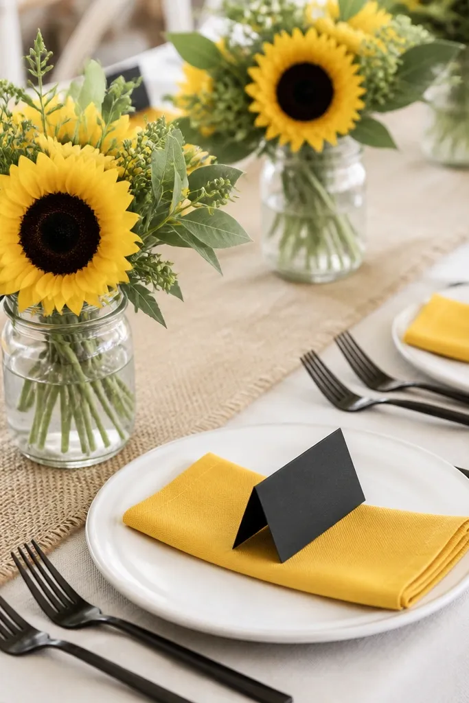White plates and black flatware on a table with sunflower-yellow napkins. Place cards are black cardstock with white ink. Centerpieces are small mason jars holding sunflower heads with green leaves.