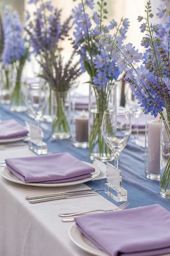 A table with lavender napkins and steel-blue runners. Clear acrylic place card holders sit next to each plate. Lavender sprigs and blue delphinium-like flowers fill transparent vases.
