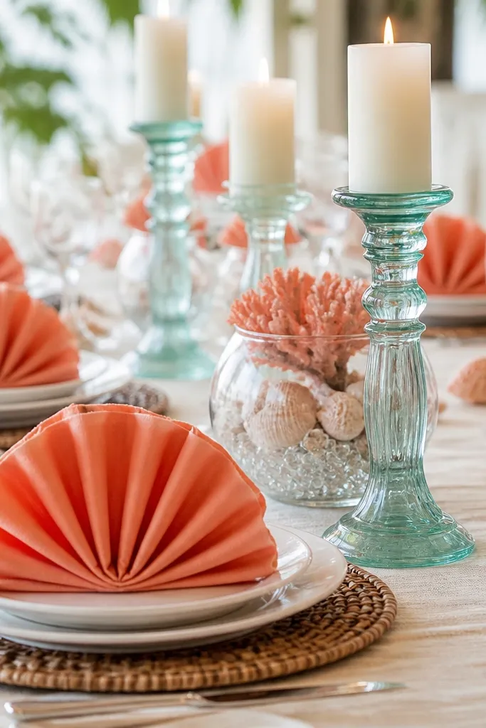 Coral-orange napkins folded in a fan shape. Sea-glass colored candlesticks in aqua and pale green line the center. Centerpieces use coral blooms, white shells, and small clear beads in glass bowls.
