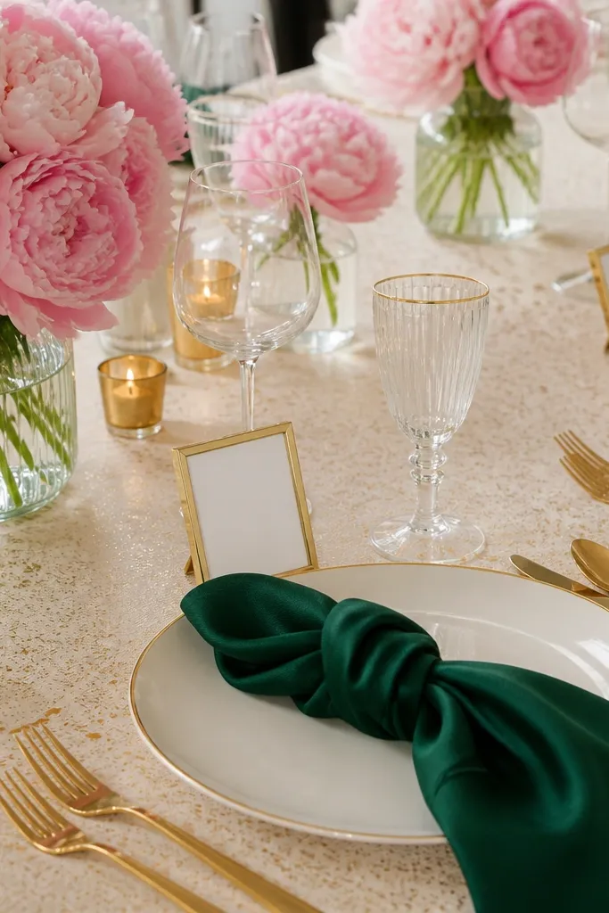 A table with a subtle gold confetti tablecloth. Emerald green napkins folded into a knot. Pink peonies in glass vases, gold flatware, and small gold-framed place cards with pink lettering.