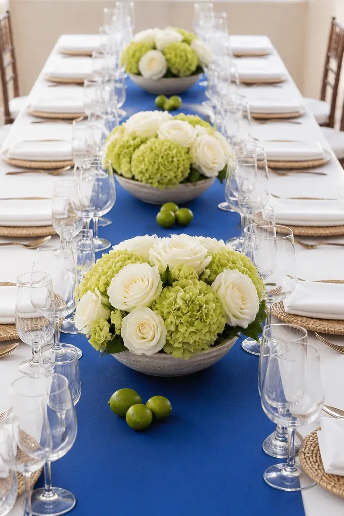 A cobalt blue runner running down the table with white tablecloth underneath. Napkins are white. Centerpieces use white roses and lime-green hydrangea in shallow bowls, with small lime fruit accents.