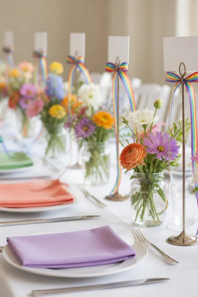 A simple white table with solid pastel napkins in separate shades across seats. Centerpieces use a single rainbow ribbon tied to each place card holder, plus small mixed-color blooms in clear jars.