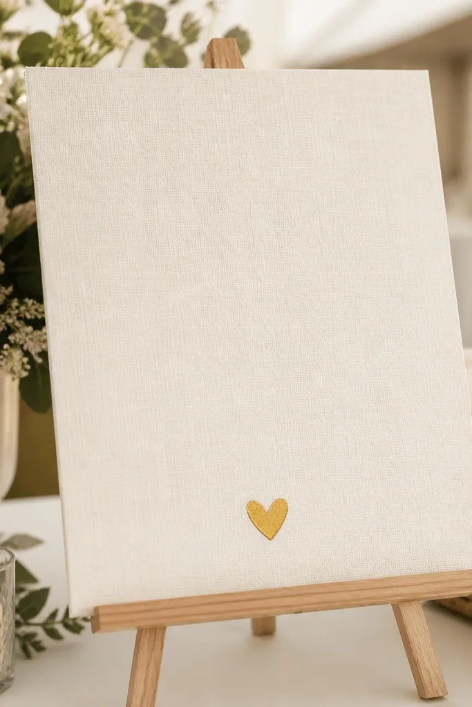 A portrait-oriented 8x10 welcome sign printed on light cream linen texture, set on a short natural wood easel at a wedding welcome table. The text is deep charcoal with a small gold-foil heart near the bottom.