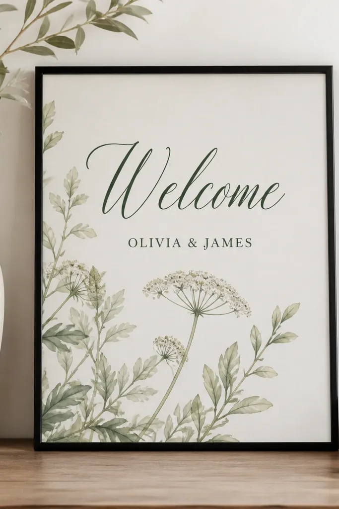 An 8x10 thin black frame holding a botanical illustration. A clean vinyl overlay reads "Welcome" in dark green, with the couple's names in smaller serif text.