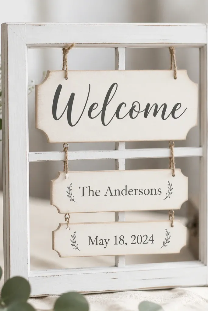 A small whitewashed window-frame style display with multiple hanging tags. One tag reads "Welcome" in large letters; smaller tags list the couple's last name and wedding date.