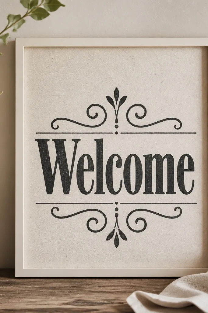 An 8x10 poster with letterpress-style texture. The "Welcome" text is dark black with slightly embossed texture, framed in a simple cream frame.
