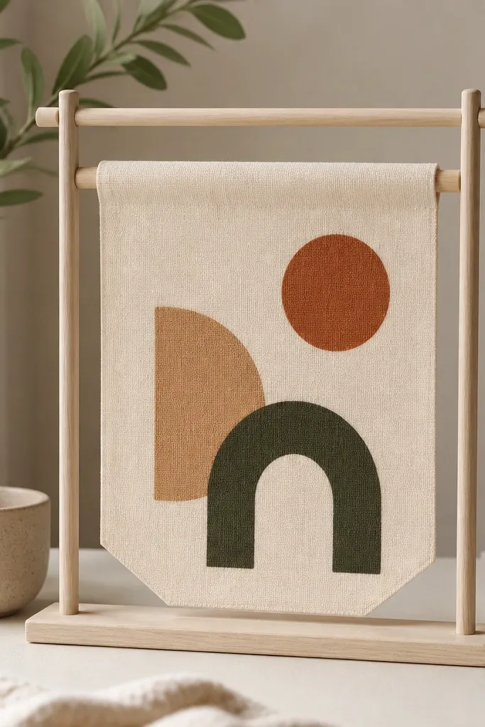 A small 10x12 fabric sign made from light beige cotton with iron-on letters. It's folded over a small dowel and displayed on a mini stand.
