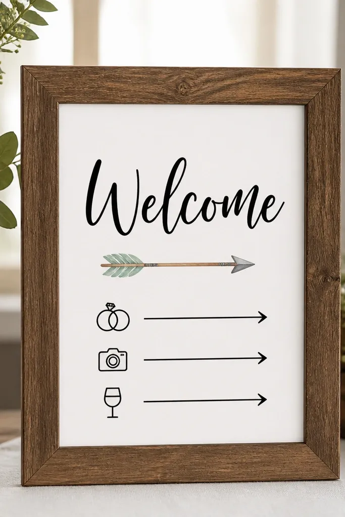 An 8x10 wooden photo frame holding a sign that says "Welcome" and includes simple arrows and directions. The text is black on white with a small watercolor arrow accent.