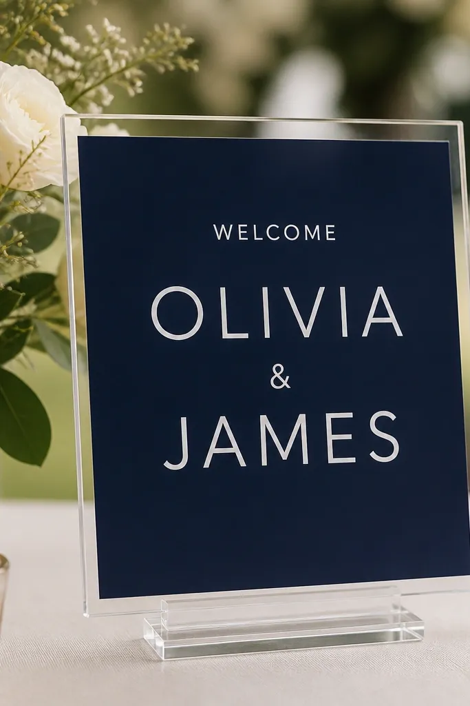A small clear acrylic sign on a stand that reads the couple's first names in large white letters, with "Welcome" in smaller text above. The background is a dark navy insert.