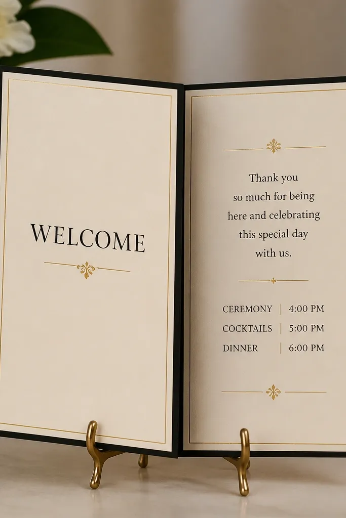 A folded menu-style card (open like a tent) on a small stand. The cover says "Welcome," and the inside lists a short thank-you message and timing. Colors are cream and black with a tiny gold border.