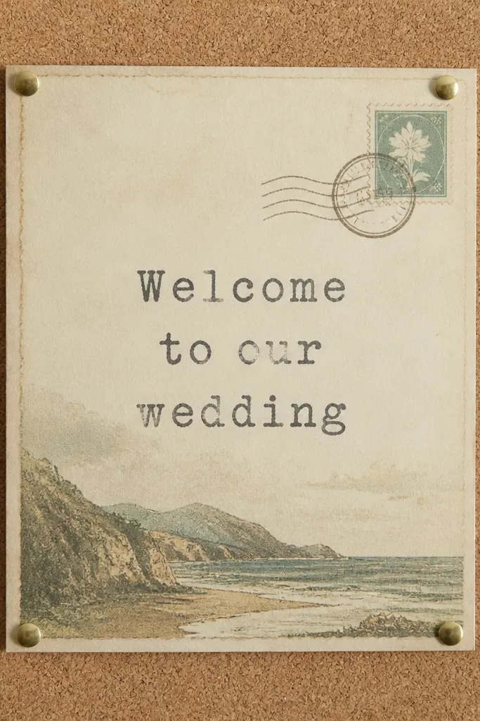 An 8x10 sign styled like a vintage postcard. It has a faux postage stamp in the corner and "Welcome to our wedding" in a typewriter-style font. It's pinned to a corkboard with small brass pushpins.