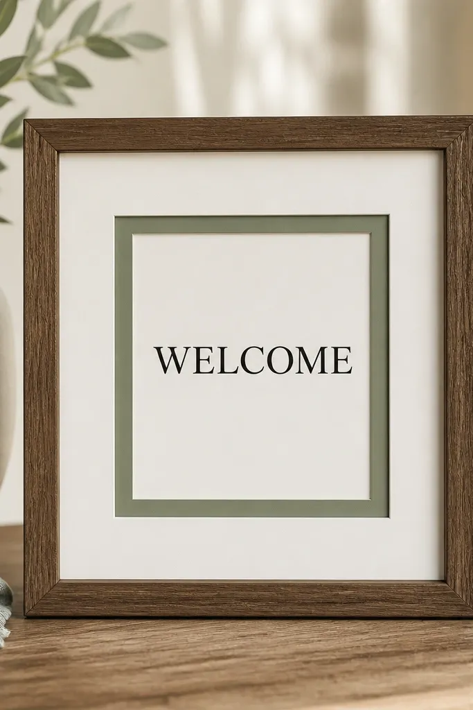 A compact 8x10 framed sign with a double mat. The outer mat is warm white, inner mat is sage green. The welcome text is centered in a simple black serif.