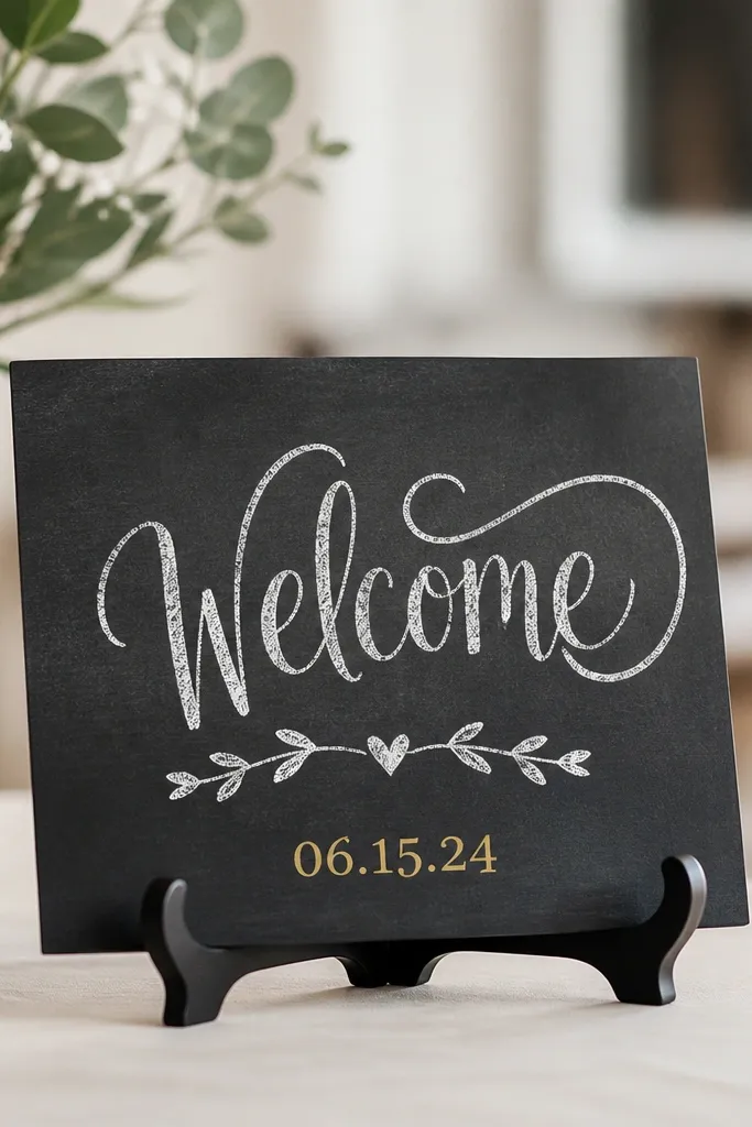 A small chalkboard plaque (around 8x10) with "Welcome" in white chalk style. The date is in gold vinyl in the center bottom. It sits in a small black stand.