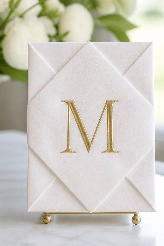 A small 10x12 sign that looks like a folded napkin with a big monogram. It's displayed on a small stand with the monogram in gold and the welcome text in black.