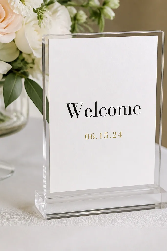 A small 6x8 sign card placed inside a clear lucite pedestal stand. The card reads "Welcome" in black and the date in gold. The pedestal sits on a table.