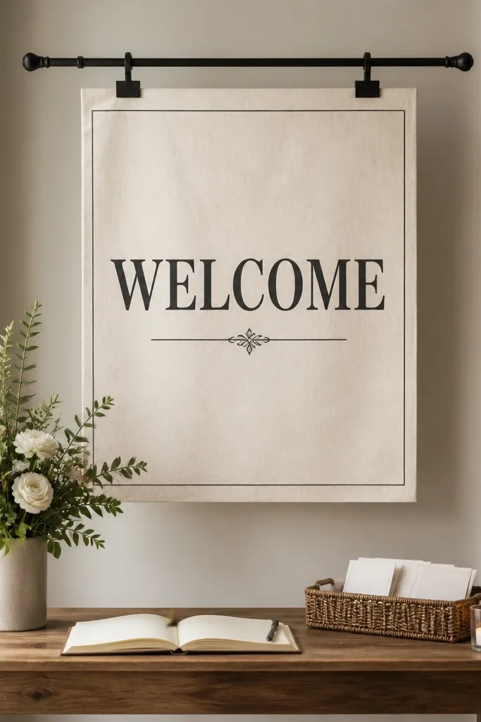 A 10x12 fabric or heavy cardstock welcome sign hanging from a curtain rod using metal clips. The letters are dark and bold, and the sign hangs centered over the welcome table.
