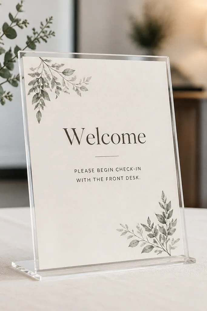 A clear acrylic menu holder on the welcome table with an 8x10 insert card. The card reads "Welcome" and includes a short line about where to begin check-in.
