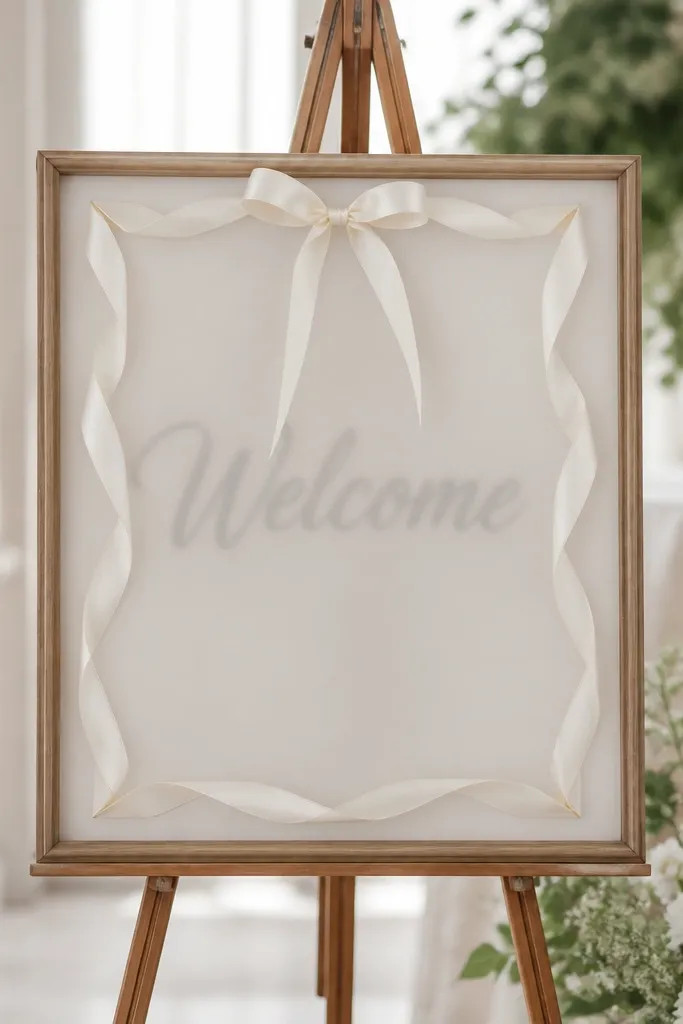 An 8x10 sign that looks like a framed window. There's a ribbon border around a vellum panel, and the "Welcome" text sits behind the vellum. The sign is on an easel.
