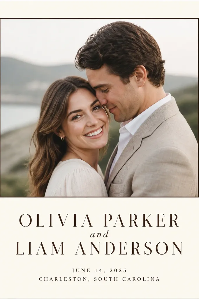 A 5x7 save-the-date card with a cream background. At the top is a centered couple photo inside a thin espresso-brown rectangular frame. The couple's names are in large espresso lettering below the photo, with the date and city in smaller text beneath. Clean margins all around, no extra icons.