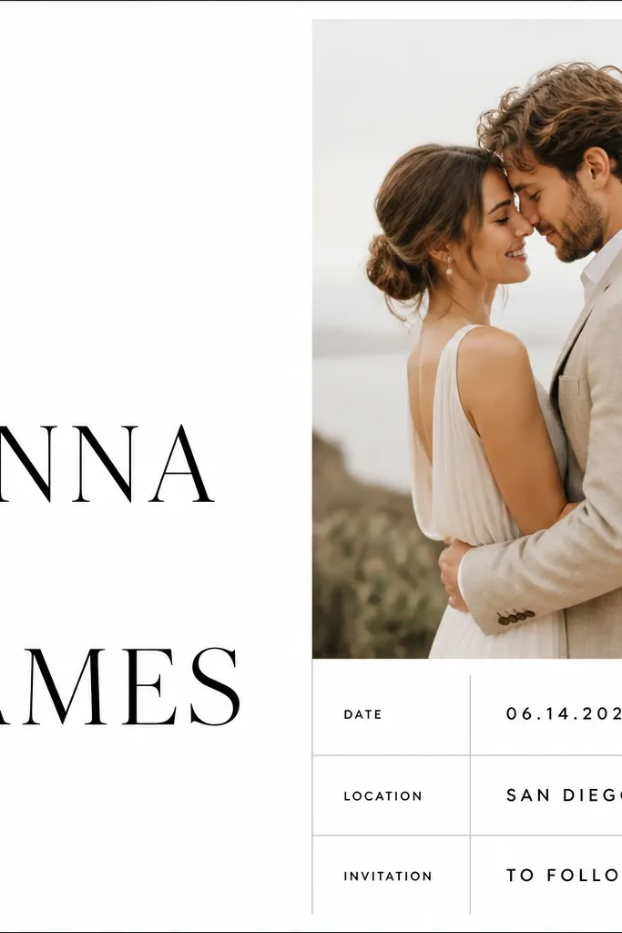 A clean save-the-date with a white background. On the left is the word SAVE in small caps, then the names in large black text. On the right, the date and location are stacked in a grid-like layout with thin gray lines separating rows.