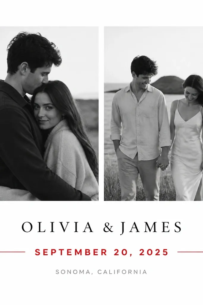 A minimal save-the-date with a white background and two black-and-white photos side by side near the top. The couple names are in black serif below. The date line is a bold red strip with white text or red text, and the location is in small gray underneath.