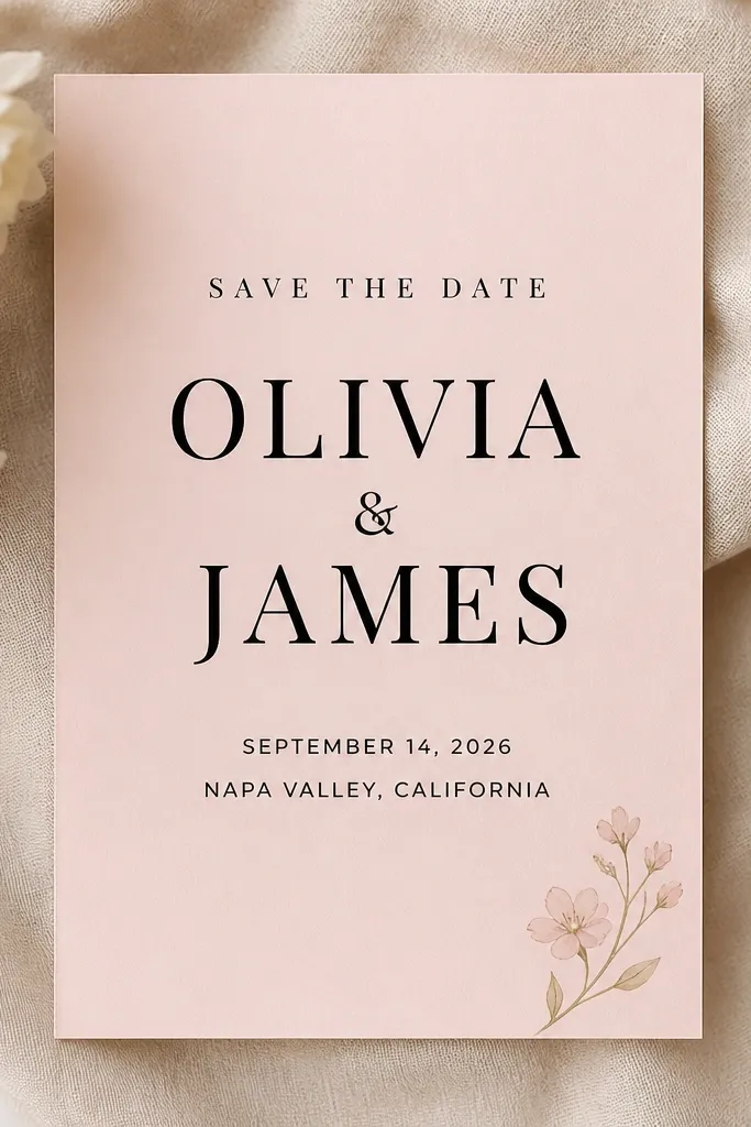 A blush-pink save-the-date with a centered black serif title. The couple names are large and bold, with the date and location in smaller sans-serif text below. A small floral icon sits subtly in the corner.