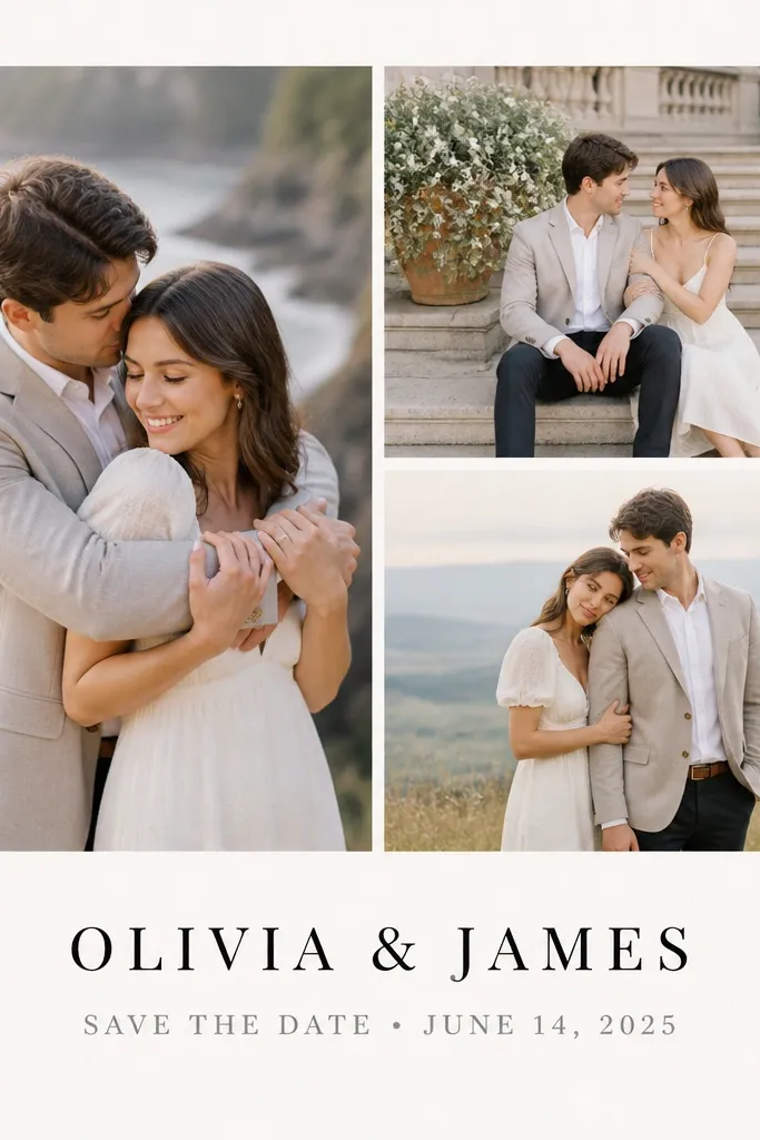 A card with three small engagement photos arranged in a tidy grid. The couple names are centered beneath the grid in black text. A single caption line in gray reads something like "Save the Date" and includes the date. Minimal white space surrounds everything.