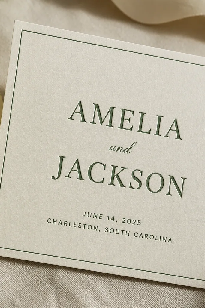 A cream save-the-date with deep green text. The names look slightly embossed or stamped, like letterpress. The date and location are in smaller deep green sans-serif. A thin deep green border runs around the edges.