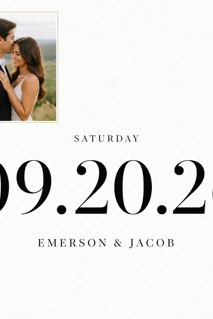 A white save-the-date with a small engagement photo placed in the top left corner with a thin border. The couple names are centered in black. The date is set in huge bold numbers across the middle, with the day of week smaller above.