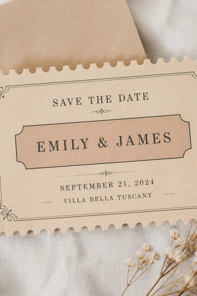 A save-the-date designed like a vintage ticket. There is a perforated edge look on the top and bottom. The couple names are printed in the center on a ticket strip, with the date and venue on separate lines. Small decorative lines frame the ticket area.